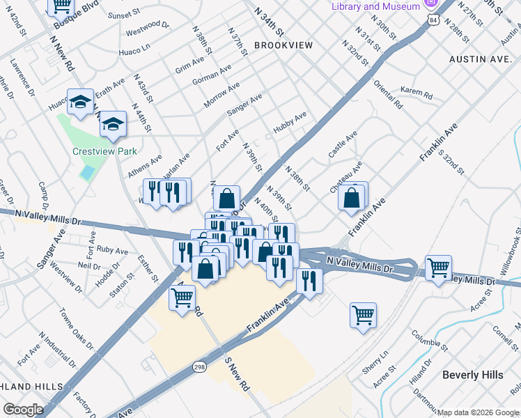 map of restaurants, bars, coffee shops, grocery stores, and more near 310 North 40th Street in Waco