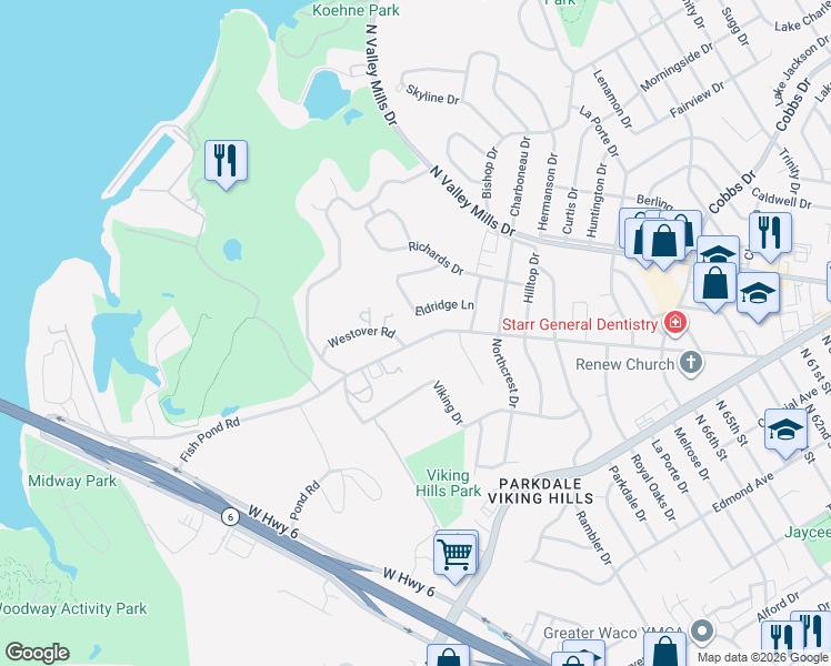 map of restaurants, bars, coffee shops, grocery stores, and more near 7125 Fish Pond Road in Waco