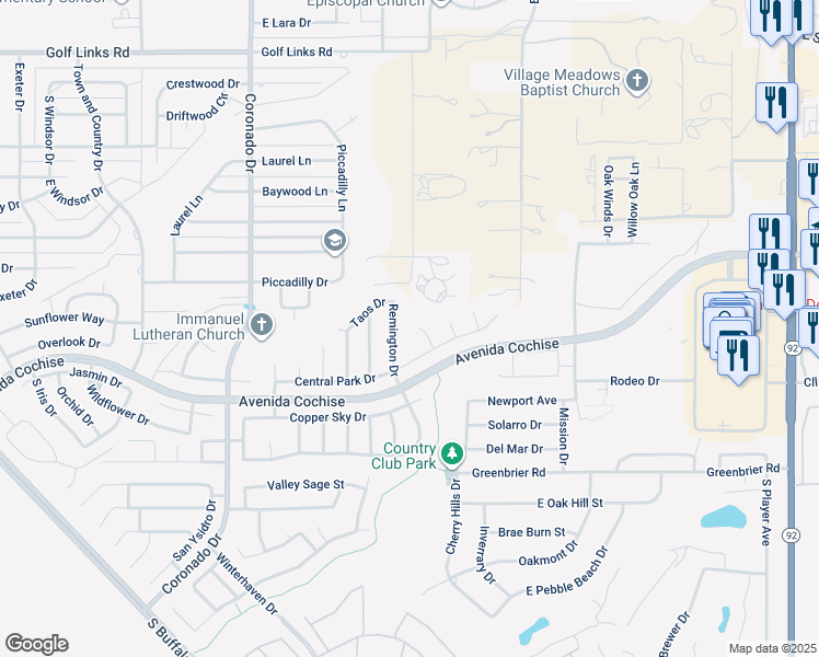 map of restaurants, bars, coffee shops, grocery stores, and more near 2140 Yellowstone Place in Sierra Vista