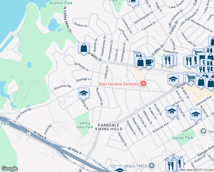 map of restaurants, bars, coffee shops, grocery stores, and more near 1733 Hilltop Drive in Waco