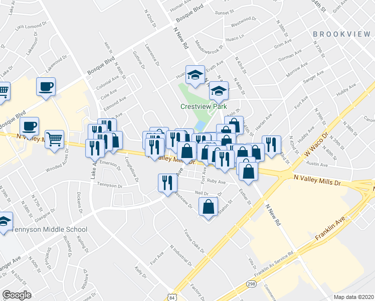 map of restaurants, bars, coffee shops, grocery stores, and more near 4605 Sanger Avenue in Waco