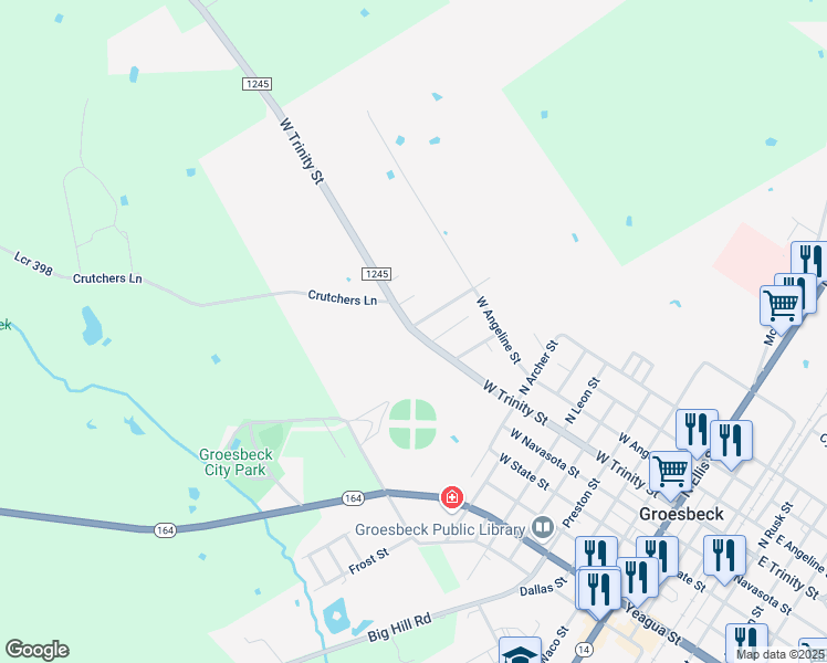 map of restaurants, bars, coffee shops, grocery stores, and more near 214 North Calhoun Street in Groesbeck