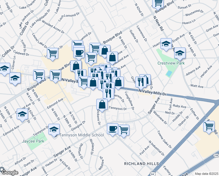 map of restaurants, bars, coffee shops, grocery stores, and more near 1030 N Valley Mills Dr in Waco