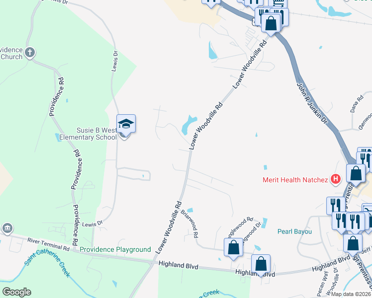 map of restaurants, bars, coffee shops, grocery stores, and more near 218 Lower Woodville Road in Natchez