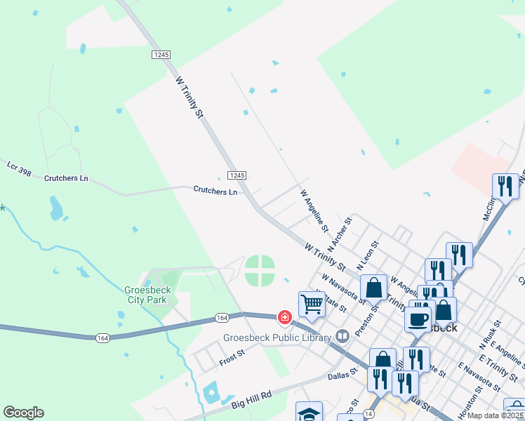map of restaurants, bars, coffee shops, grocery stores, and more near 214 North Calhoun Street in Groesbeck