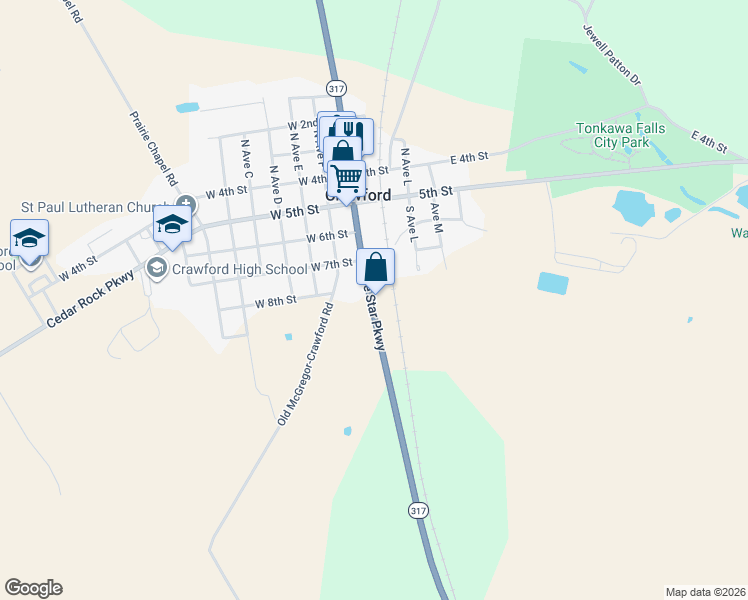 map of restaurants, bars, coffee shops, grocery stores, and more near 6422 North Lone Star Parkway in Crawford