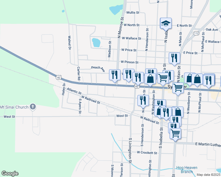 map of restaurants, bars, coffee shops, grocery stores, and more near 602 West Pope Street in Sylvester