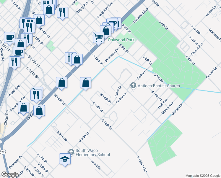 map of restaurants, bars, coffee shops, grocery stores, and more near 2600 South 12th Street in Waco