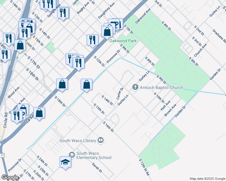 map of restaurants, bars, coffee shops, grocery stores, and more near 2600 South 12th Street in Waco