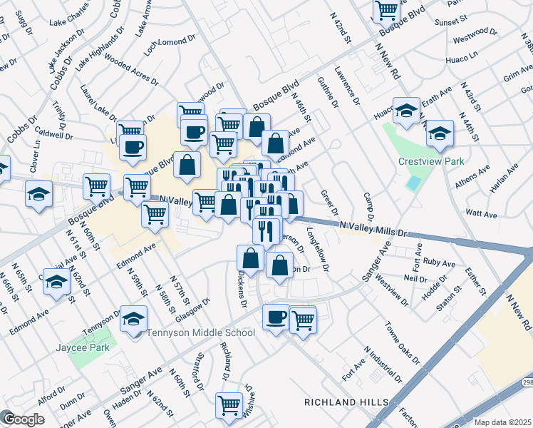 map of restaurants, bars, coffee shops, grocery stores, and more near 1030 North Valley Mills Drive in Waco