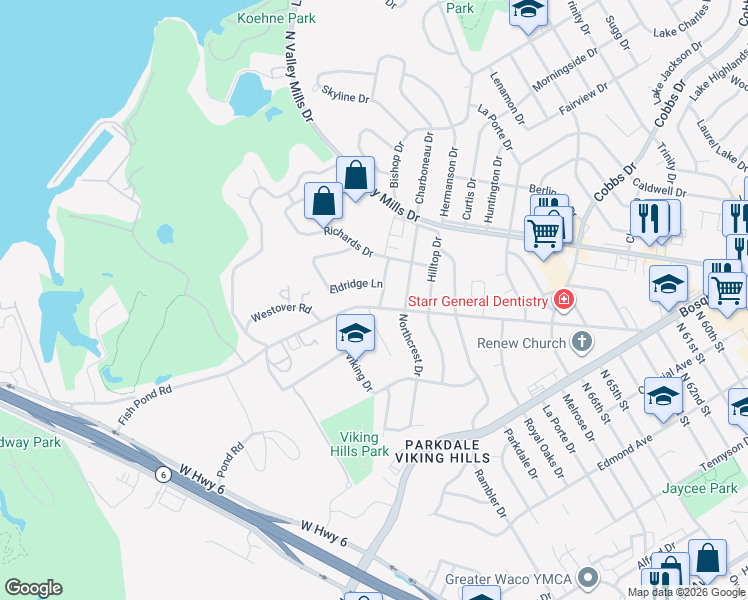 map of restaurants, bars, coffee shops, grocery stores, and more near 7100 Fish Pond Road in Waco
