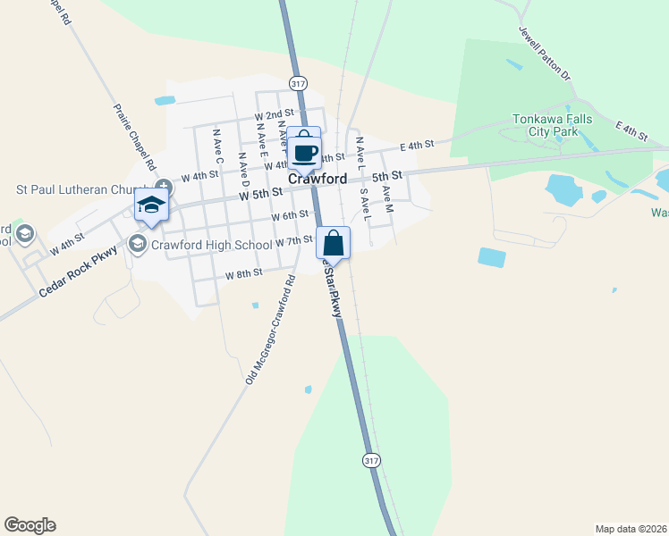 map of restaurants, bars, coffee shops, grocery stores, and more near 6422 North Lone Star Parkway in Crawford