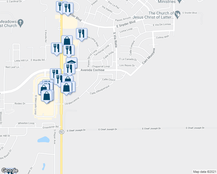 map of restaurants, bars, coffee shops, grocery stores, and more near 4700 Calle Albuquerque in Sierra Vista