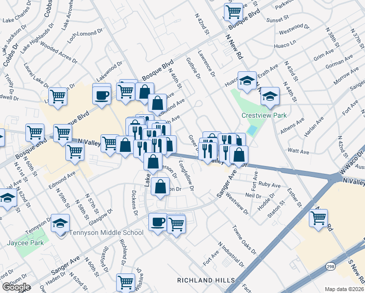 map of restaurants, bars, coffee shops, grocery stores, and more near 717 Grice Drive in Waco