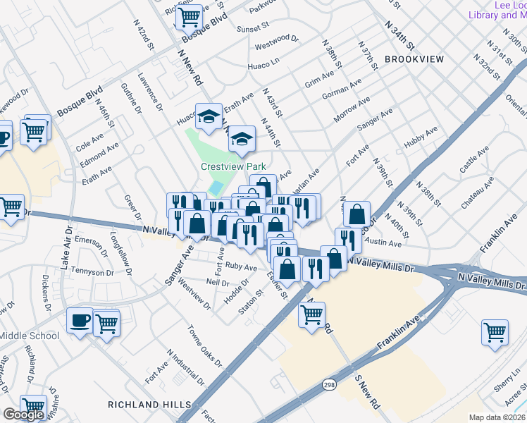 map of restaurants, bars, coffee shops, grocery stores, and more near 4519 Catto Avenue in Waco