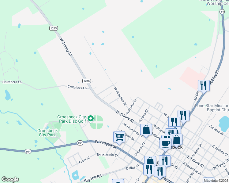 map of restaurants, bars, coffee shops, grocery stores, and more near 1019 West Angeline Street in Groesbeck