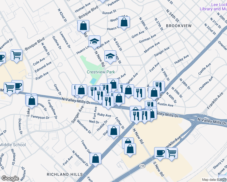 map of restaurants, bars, coffee shops, grocery stores, and more near 4519 Catto Avenue in Waco