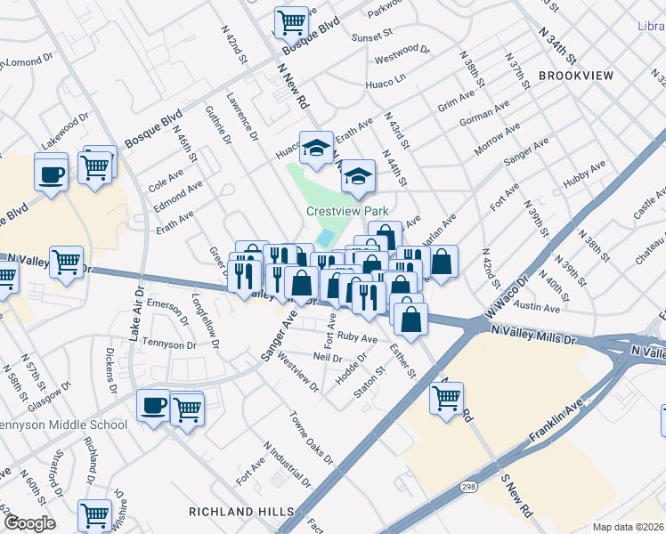 map of restaurants, bars, coffee shops, grocery stores, and more near 4612 Sanger Avenue in Waco