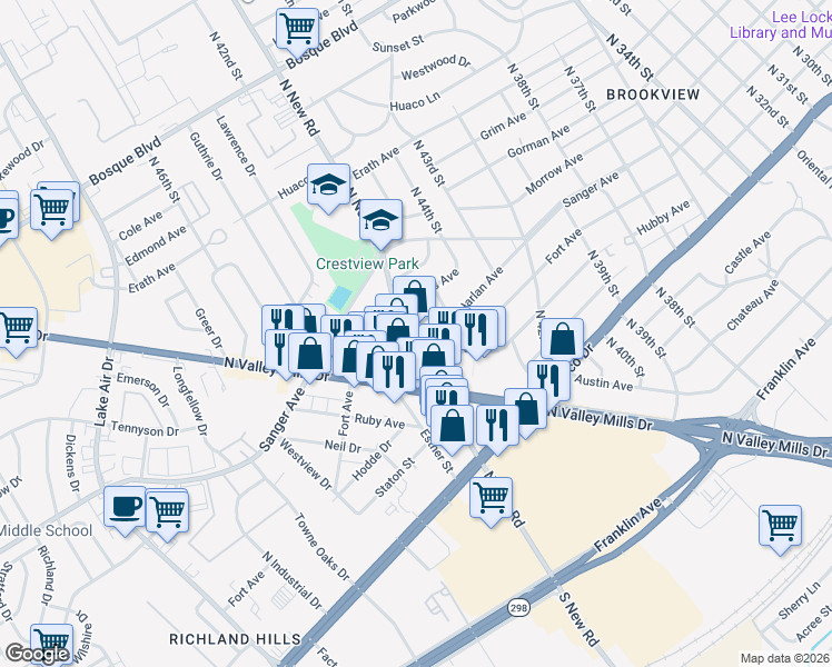 map of restaurants, bars, coffee shops, grocery stores, and more near 4519 Catto Avenue in Waco