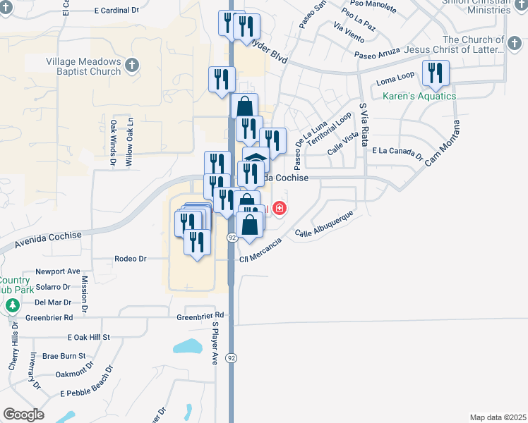 map of restaurants, bars, coffee shops, grocery stores, and more near 2047 S Hwy 92 in Sierra Vista