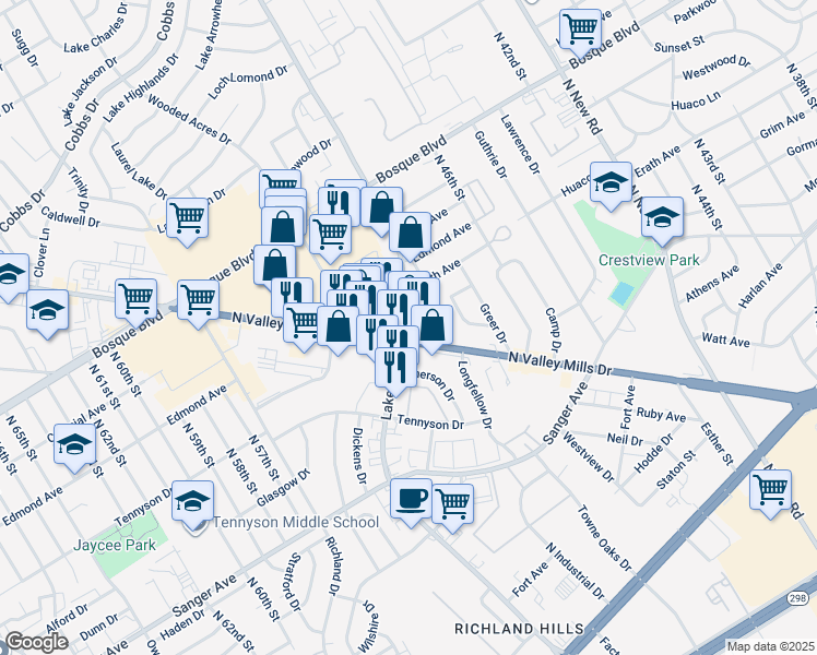 map of restaurants, bars, coffee shops, grocery stores, and more near 1120 Lake Air Drive in Waco