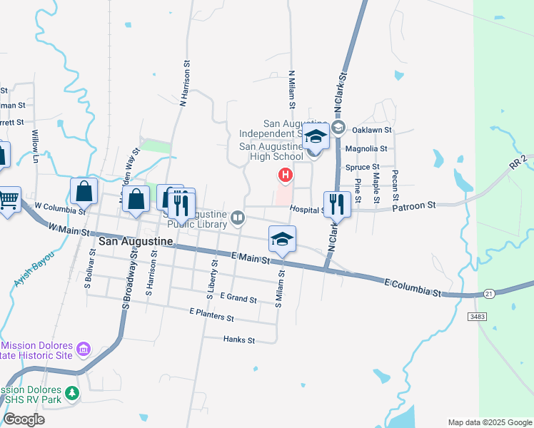 map of restaurants, bars, coffee shops, grocery stores, and more near 501-509 Hospital Street in San Augustine