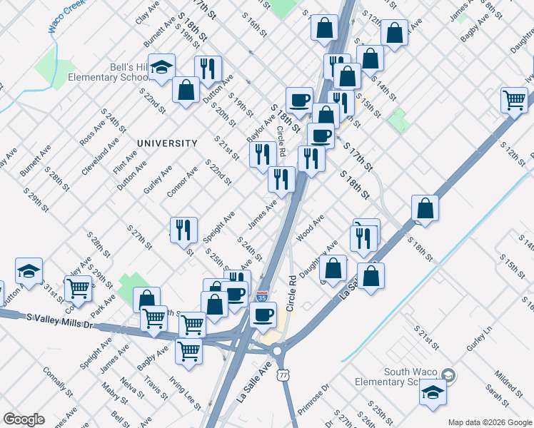 map of restaurants, bars, coffee shops, grocery stores, and more near 2200 James Avenue in Waco