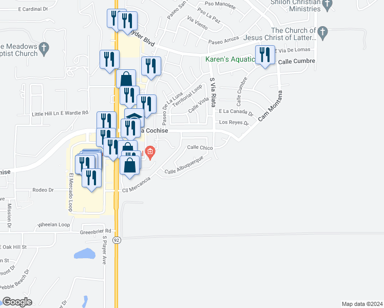 map of restaurants, bars, coffee shops, grocery stores, and more near 4649 Lodi Court in Sierra Vista