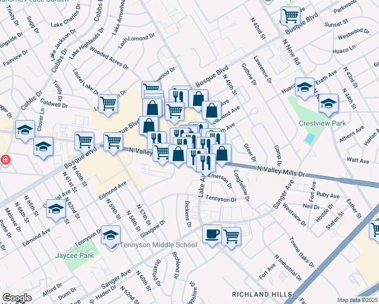 map of restaurants, bars, coffee shops, grocery stores, and more near 1115 North Valley Mills Drive in Waco