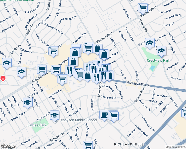 map of restaurants, bars, coffee shops, grocery stores, and more near 1115 North Valley Mills Drive in Waco
