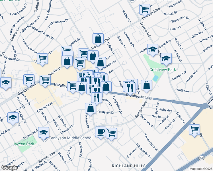 map of restaurants, bars, coffee shops, grocery stores, and more near 1001 North Valley Mills Drive in Waco