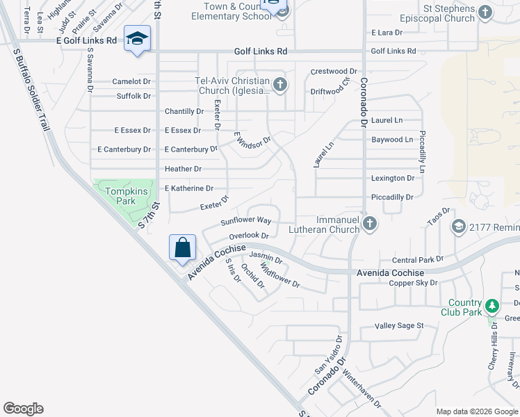 map of restaurants, bars, coffee shops, grocery stores, and more near 2068 Skyline Court in Sierra Vista