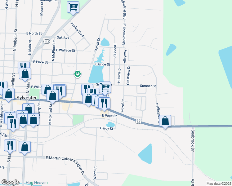 map of restaurants, bars, coffee shops, grocery stores, and more near 104 Monk Street in Sylvester