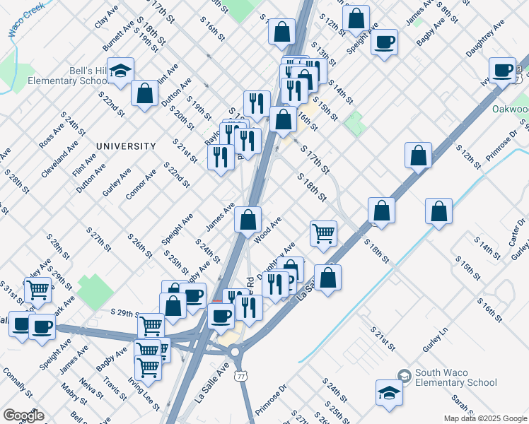 map of restaurants, bars, coffee shops, grocery stores, and more near 2003 Wood Avenue in Waco