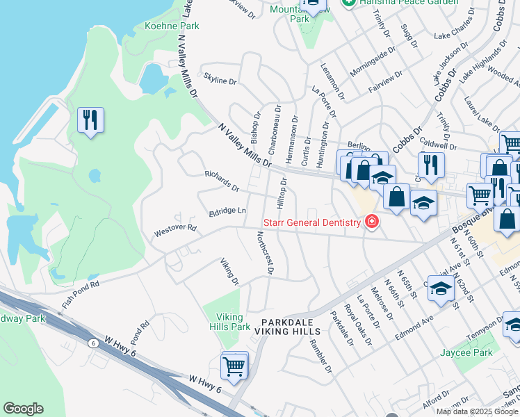 map of restaurants, bars, coffee shops, grocery stores, and more near 1830 Northcrest Drive in Waco