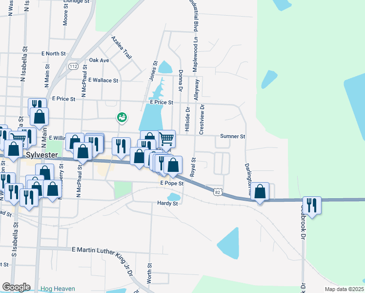 map of restaurants, bars, coffee shops, grocery stores, and more near 104 Monk Street in Sylvester