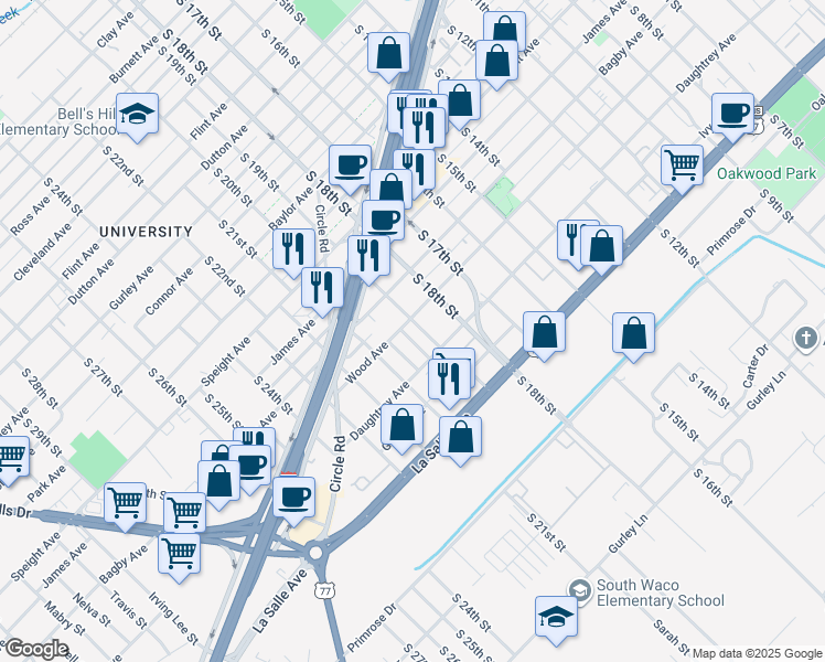 map of restaurants, bars, coffee shops, grocery stores, and more near 1905 South 19th Street in Waco