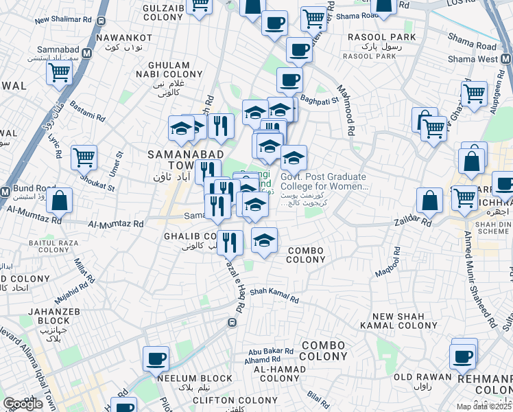 map of restaurants, bars, coffee shops, grocery stores, and more near 86 Ghazali Road in Lahore