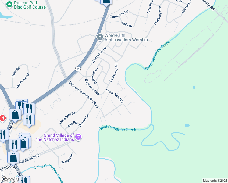 map of restaurants, bars, coffee shops, grocery stores, and more near 101 Creek Bend Road in Natchez