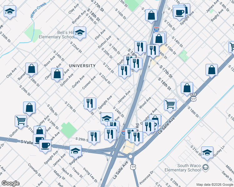 map of restaurants, bars, coffee shops, grocery stores, and more near 2224 Speight Avenue in Waco