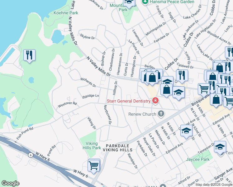 map of restaurants, bars, coffee shops, grocery stores, and more near 1837 Hilltop Drive in Waco