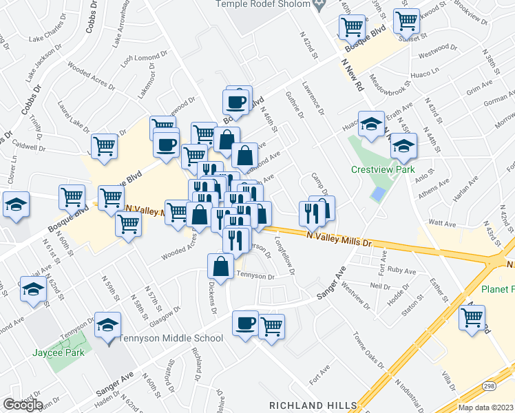 map of restaurants, bars, coffee shops, grocery stores, and more near 1001 North Valley Mills Drive in Waco