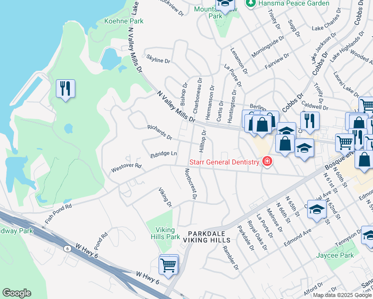 map of restaurants, bars, coffee shops, grocery stores, and more near 1830 Northcrest Drive in Waco