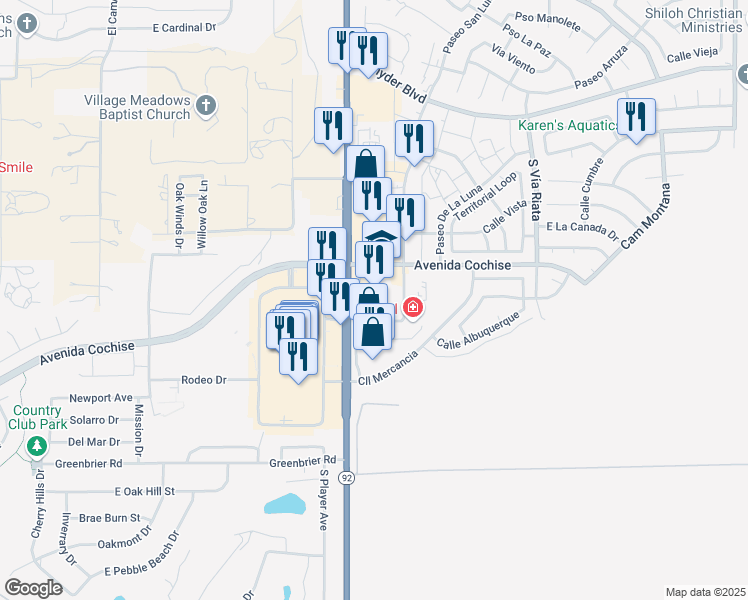 map of restaurants, bars, coffee shops, grocery stores, and more near 2047 S Hwy 92 in Sierra Vista