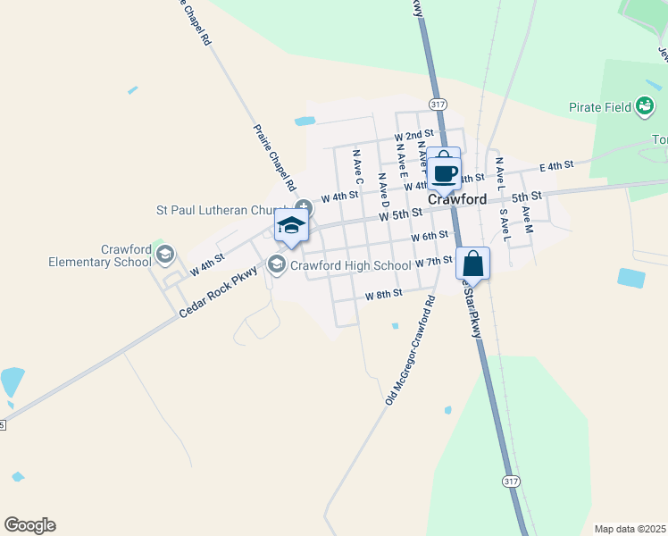 map of restaurants, bars, coffee shops, grocery stores, and more near 655 W 7th St in Crawford