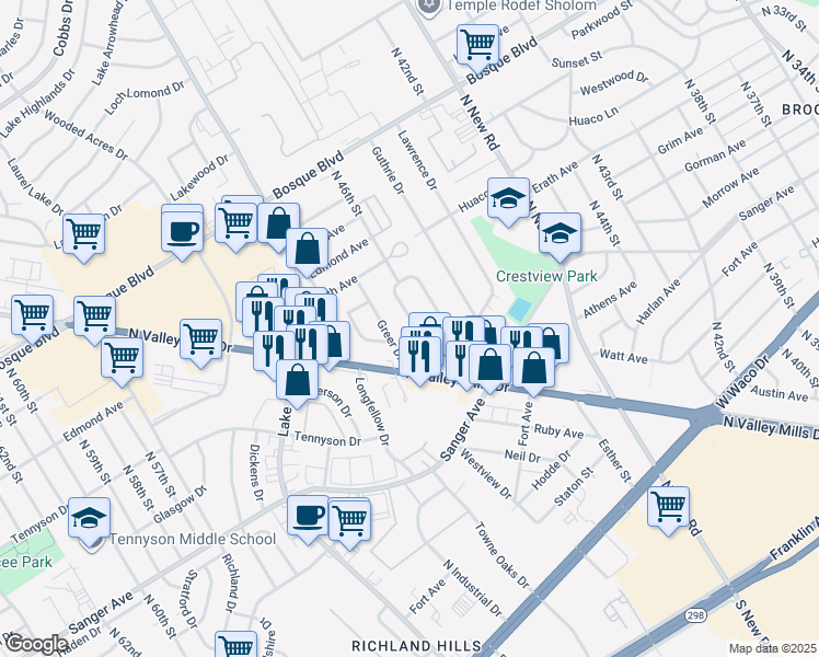 map of restaurants, bars, coffee shops, grocery stores, and more near 915 Camp Drive in Waco