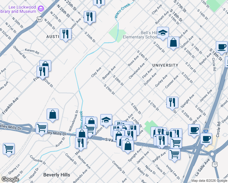map of restaurants, bars, coffee shops, grocery stores, and more near 2825 Cleveland Avenue in Waco