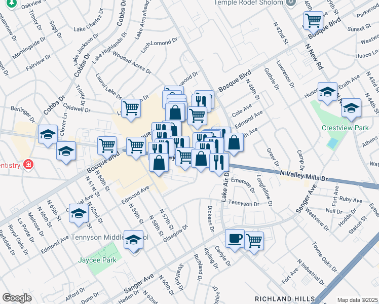 map of restaurants, bars, coffee shops, grocery stores, and more near in Waco