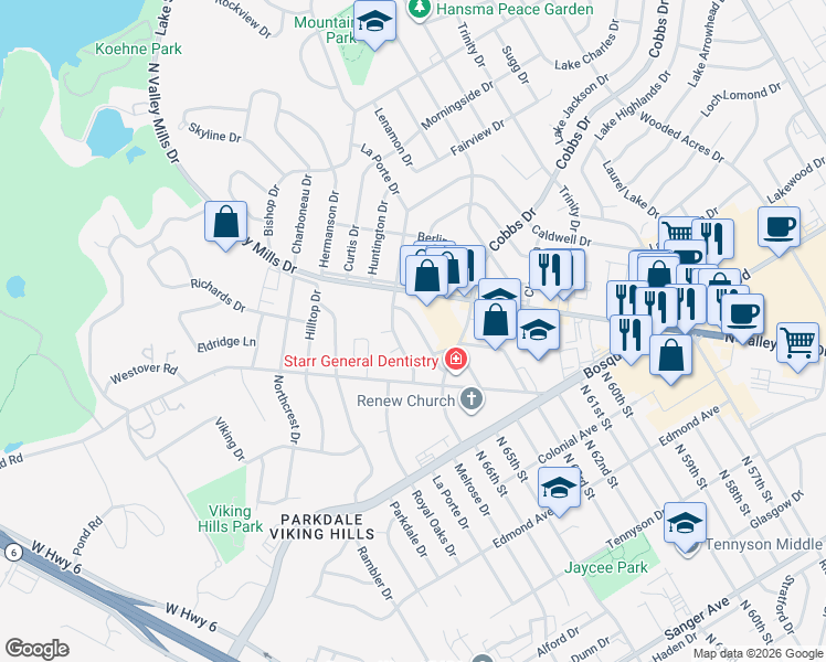map of restaurants, bars, coffee shops, grocery stores, and more near 1830 Southern Drive in Waco