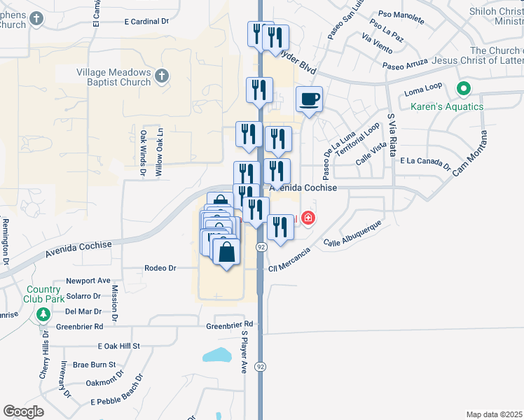 map of restaurants, bars, coffee shops, grocery stores, and more near 2018-2124 State Highway 92 in Sierra Vista